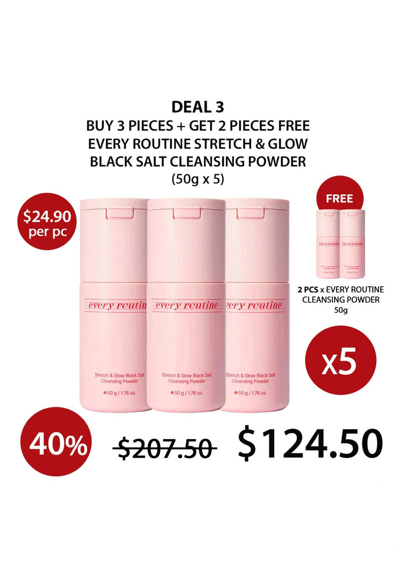 Promotional offer for 'Every Routine' stretch and glow black salt cleansing powder with a discount on purchase quantity.