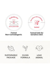 Product certification icons for acneprone skin, sensitive skin irritation, non-comedogenic, safe for sensitive skin, sustainable package, clean formula, and animal love on a white background.