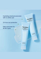 Torriden sunscreen bottles on a light blue background with product features listed.