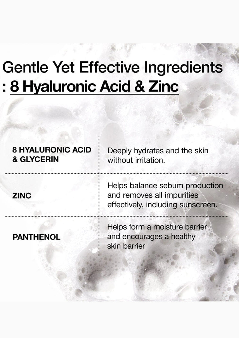 Product label with ingredients list featuring Hyaluronic Acid, Zinc, and Panthenol on a marble background.