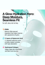 Product packaging with text highlighting features like PDRN, hyaluronic acid, and hydrolyzed collagen.