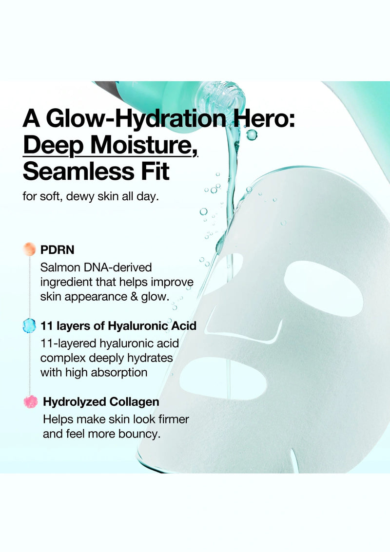 Product packaging with text highlighting features like PDRN, hyaluronic acid, and hydrolyzed collagen.