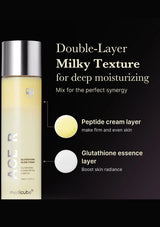 Skincare product with double-layered texture description on a black background