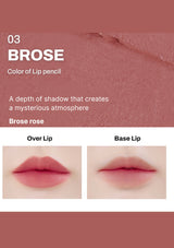 Lip color swatch with 'Brose' lip pencil, showing over lip and base lip application.