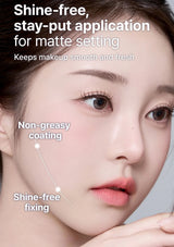 Woman's face with text highlighting shine-free and stay-put makeup application