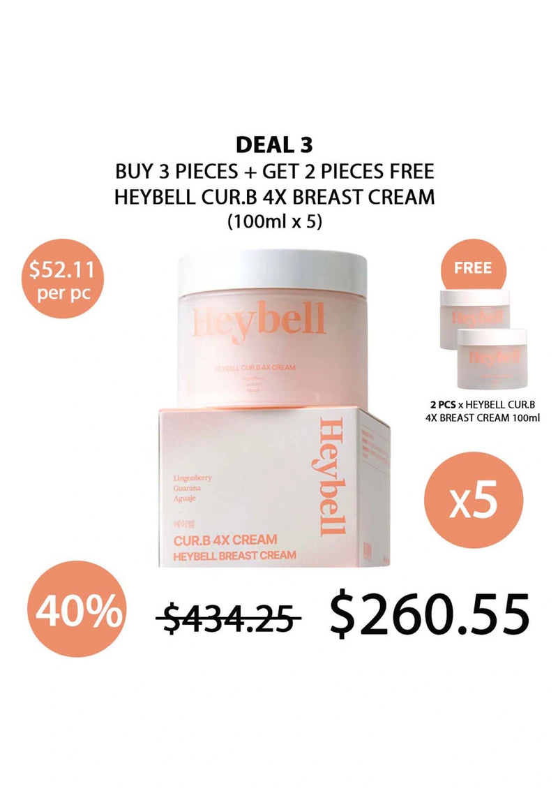 Heybell breast cream packaging with promotional text on a white background