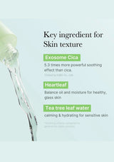 Product description with exosome cica, heartleaf, and tea tree leaf water on a light blue background