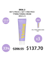 Promotional offer for YTning toning cream with a discount calculation on a white background.