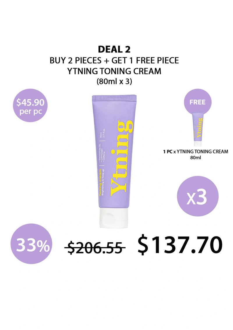 Promotional offer for YTning toning cream with a discount calculation on a white background.