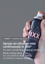 Hand holding a matte setting spray can with text on a gray background