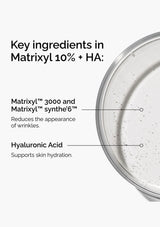 Product container with text detailing Matrixyl 3000, Matrixyl synthe6, Hyaluronic Acid, and their functions.
