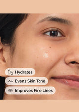 Close-up of a person's face with text highlighting skin care benefits on a beige background