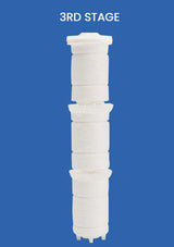Stack of white filter cartridges labeled '3rd Stage' on a blue background