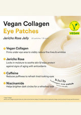 Vegan Collagen Eye Patches in Jericho Rose Jelly by Abib, featuring product details, benefits, and a close-up of the cream-colored eye patch jar on a light beige background.