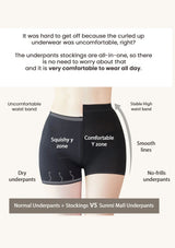 Black underpants with text highlighting features on a white background