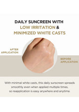 Before and after application of daily sunscreen with minimal white casts on skin.