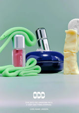 Colorful slime-like substances with cosmetic products on a light green background, featuring the brand 'Ooh'.