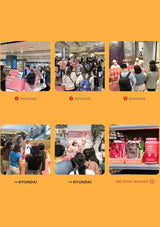 Collage of people shopping in a supermarket with Hyundai and Shinsegae logos.