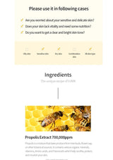 Product packaging with skincare concerns and ingredient information, featuring propolis extract.