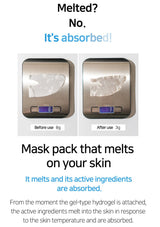 Mask pack with before and after use comparison on a digital scale, highlighting absorption of active ingredients.