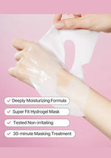 Person applying a hydrogel mask to their hand with product features listed on a pink background