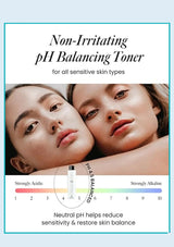 Advertisement for non-irritating pH balancing toner with two women's faces and a pH scale.