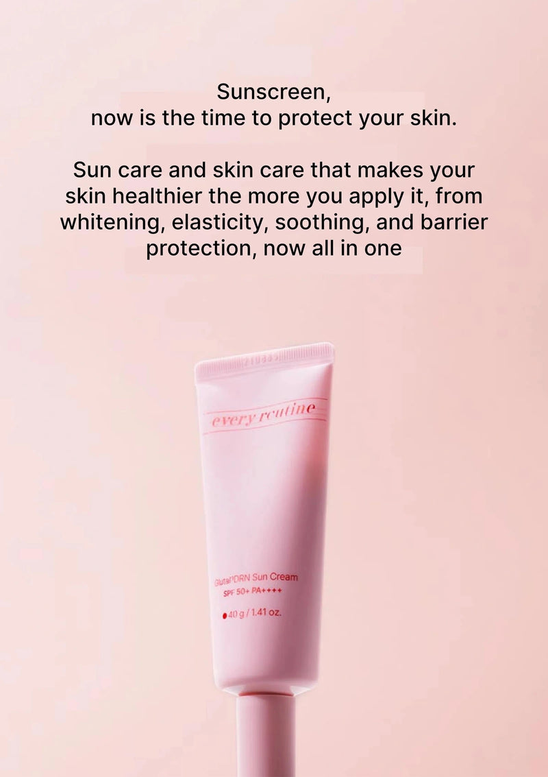 Tube of sunscreen with promotional text on a pink background