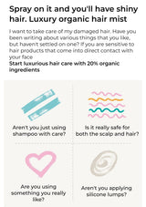 Advertisement for a luxury organic hair mist with text and product icons on a white background.