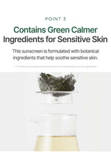 Sunscreen product with green calmer ingredients for sensitive skin on a white background