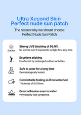 Promotional graphic for Ultra Xecond Skin Perfect Nude sun patch with features on a light blue background.