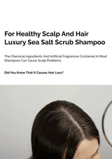 Advertisement for luxury sea salt scrub shampoo with text about scalp and hair health.