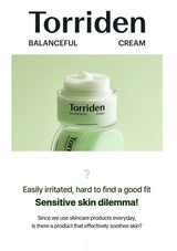 Torriden Balanceful Cream jar with promotional text on a light green background