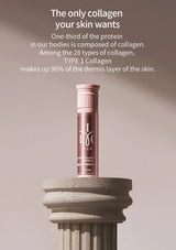 Collagen product on a pedestal with educational text about collagen on a beige background