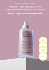 Vely Vely Super Biome Lifting Ampoule bottle on a pink background with text about early aging and pore lifting.