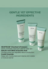 Three Anua skincare products on a green background with text about ingredients.