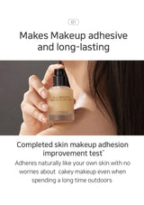 Person holding a bottle of makeup product with text about its adhesive and long-lasting properties.