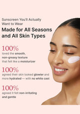Promotional skincare graphic with text about sunscreen on a pale pink background and a close-up of a woman's face with a white sunscreen patch on her cheek.