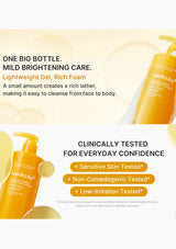 MediCube brightening gel foam bottle shown in a promotional graphic with text highlighting one big bottle, lightweight gel, rich foam, and clinically tested features.