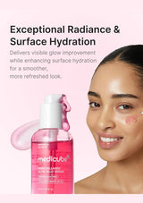 Medicube Glow Collagen Jelly Serum bottle shown next to a smiling woman with a pink cream on her cheek against a soft pink background with promotional text.