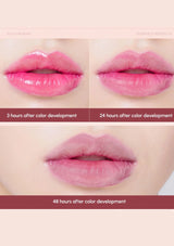 Lips with pink lipstick showing color development over time on a beige background