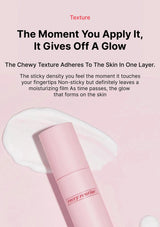Pink skincare product with text about texture on a pink background