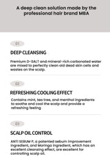 Text description of a deep clean solution for hair by the professional brand MBA, detailing deep cleansing, refreshing cooling effect, and scalp oil control.