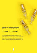 Skincare product with text on a yellow background
