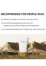 Cream texture with a close-up of a cosmetic product and text about unique blending technique.