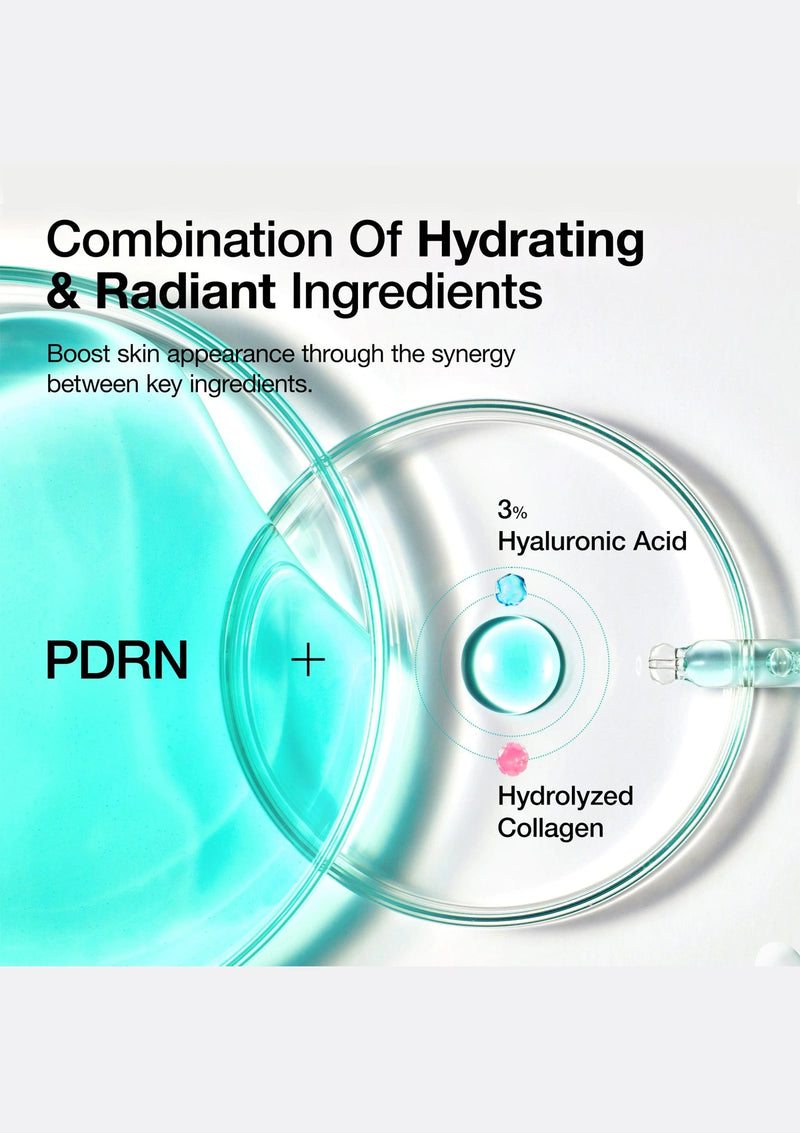 Product packaging with PDRN branding and text about hydrating and radiant ingredients on a white background.