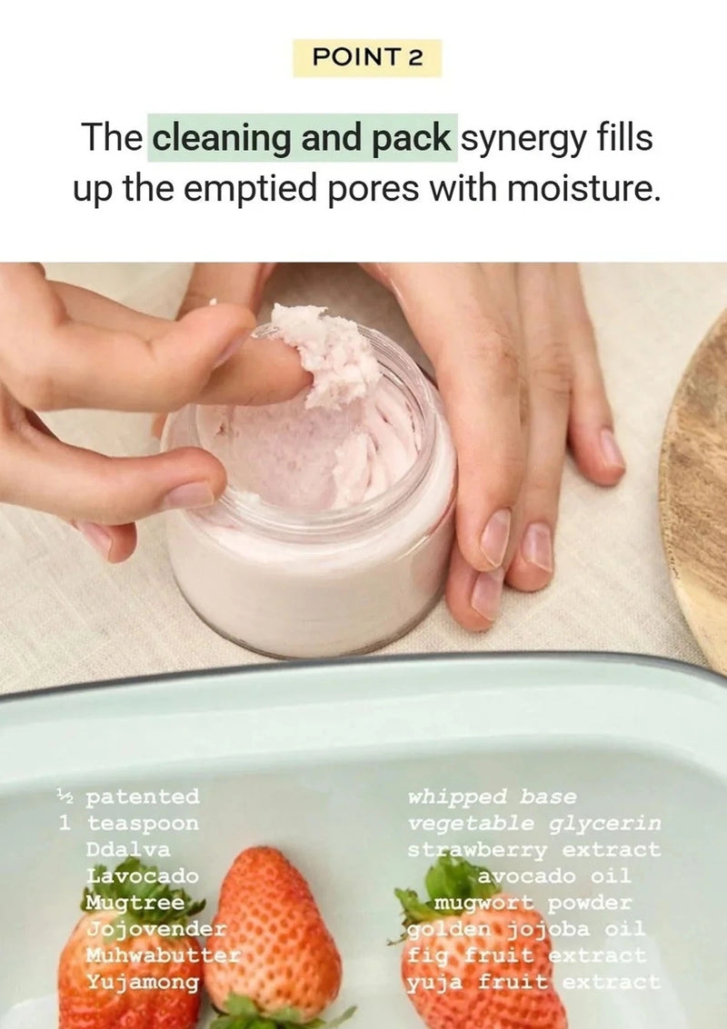 Person applying a pink cream to their hand with text about cleaning and pack synergy.