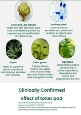 Infographic detailing the effects and ingredients of an artichoke leaf toner Product description form for skin care issues with skin texture images and checkboxes.pad.