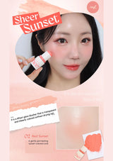 Sheer Sunset makeup product with a model wearing it on a pink background