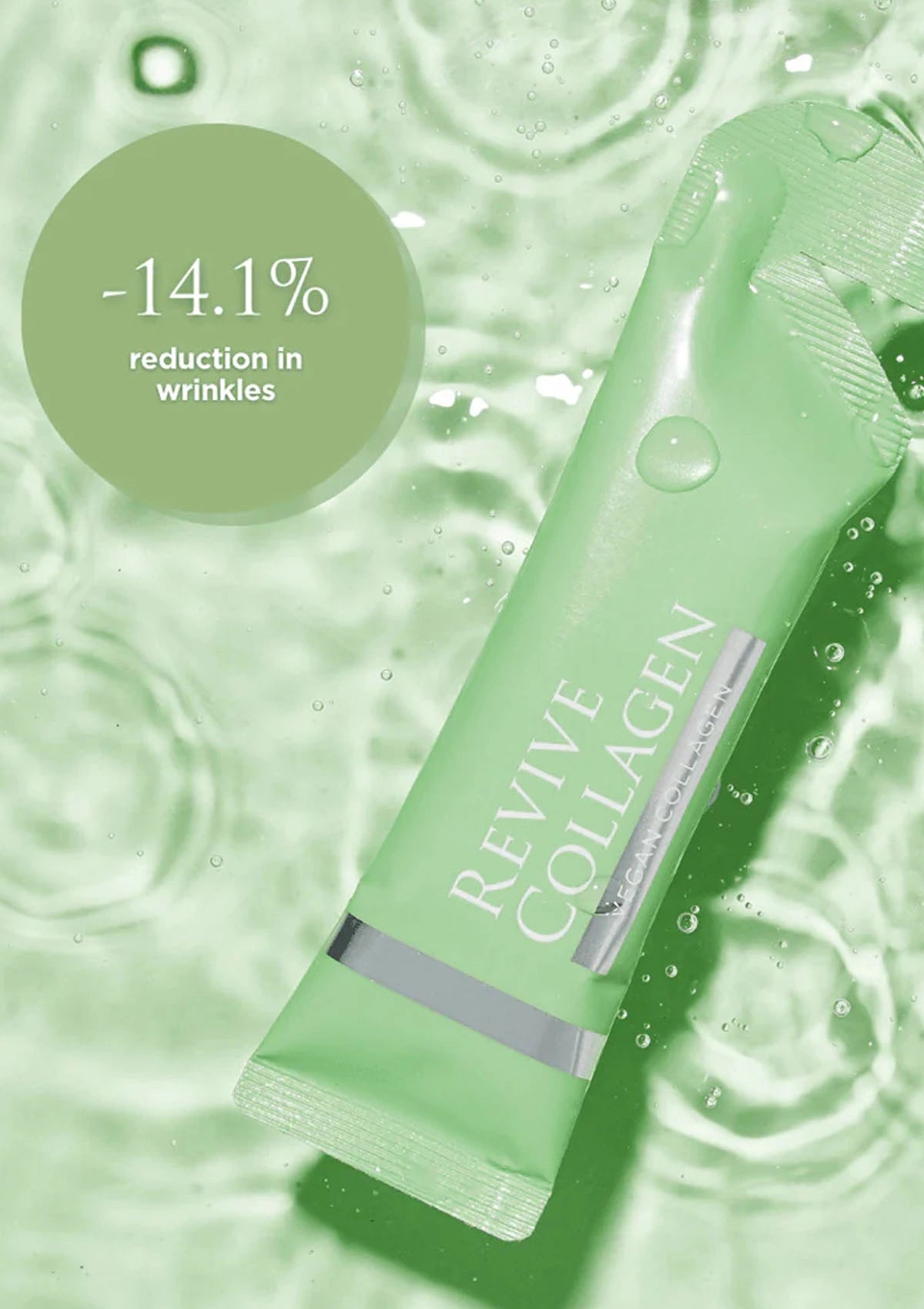 Green skincare product with 'Revive Collagen' text on a water droplet background