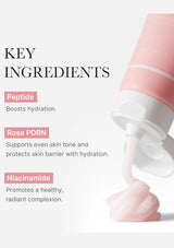 Cosmetic product with key ingredients listed on a light gray background
